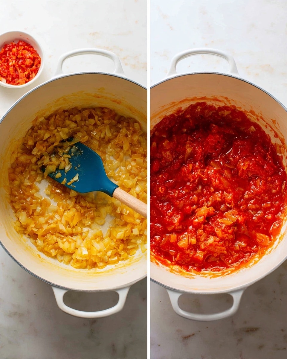 A two-image side-by-side showing cooking inside a white pot on a white marbled surface; the left image shows one layer of small, soft, cooked onions in a golden-yellow color, stirred by a blue silicone spatula with a wooden handle, with some red crushed tomatoes in a white bowl below the pot; the right image shows a second layer inside the pot where the cooked onions are mixed with bright red crushed tomatoes, forming a thick sauce with bits of onion visible, the blue spatula resting inside the pot; photo taken with an iphone --ar 4:5 --v 7