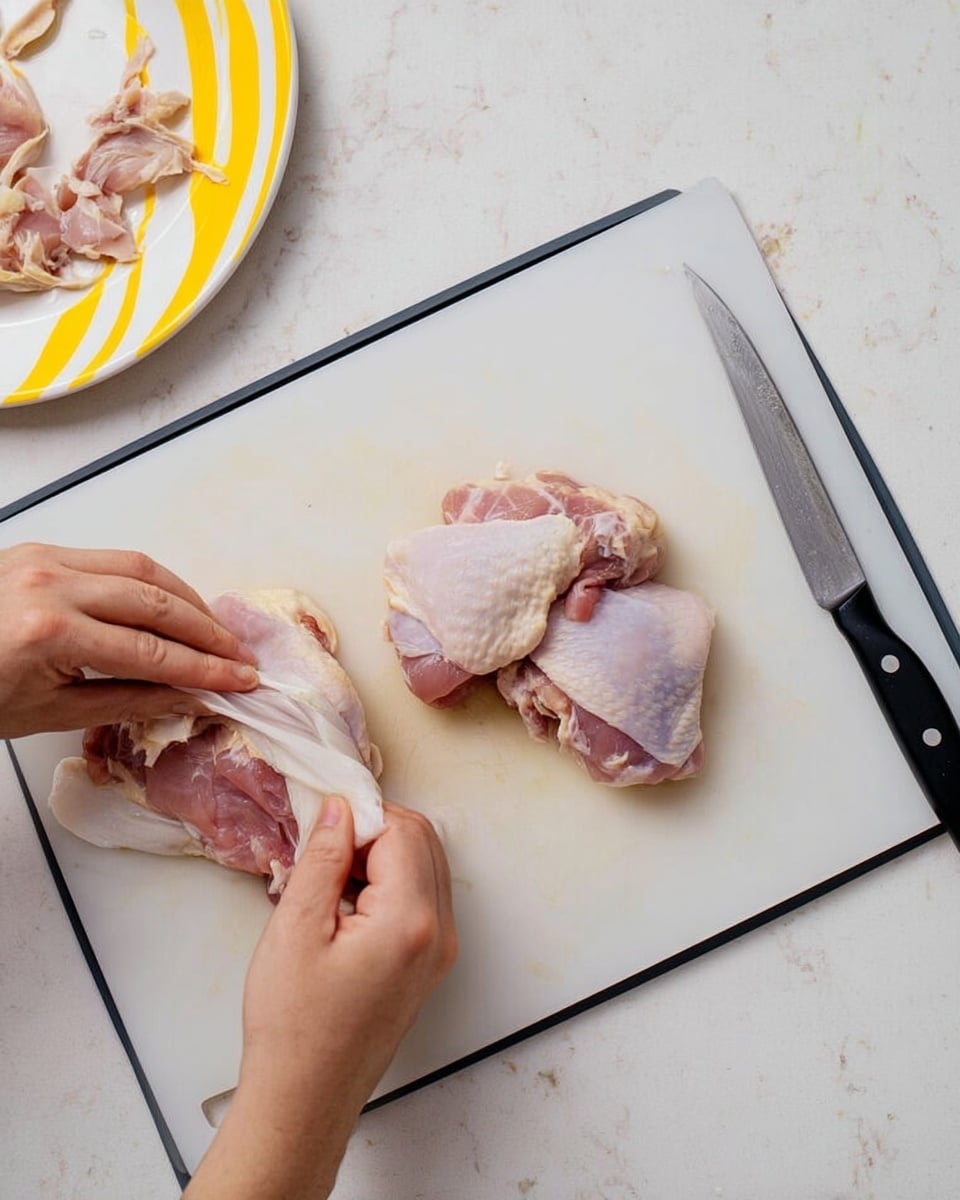 The image shows two pieces of raw chicken thighs on a large white cutting board with a black edge, which rests on a white marbled surface. A woman's hands are peeling off a layer of white skin from one of the chicken pieces, revealing pinkish-red meat underneath. To the right of the cutting board is a small sharp knife with a black handle. In the upper left corner, there is a white plate with yellow stripes holding removed chicken skin. The overall colors are soft, with a focus on the raw chicken texture and skin. photo taken with an iphone --ar 4:5 --v 7