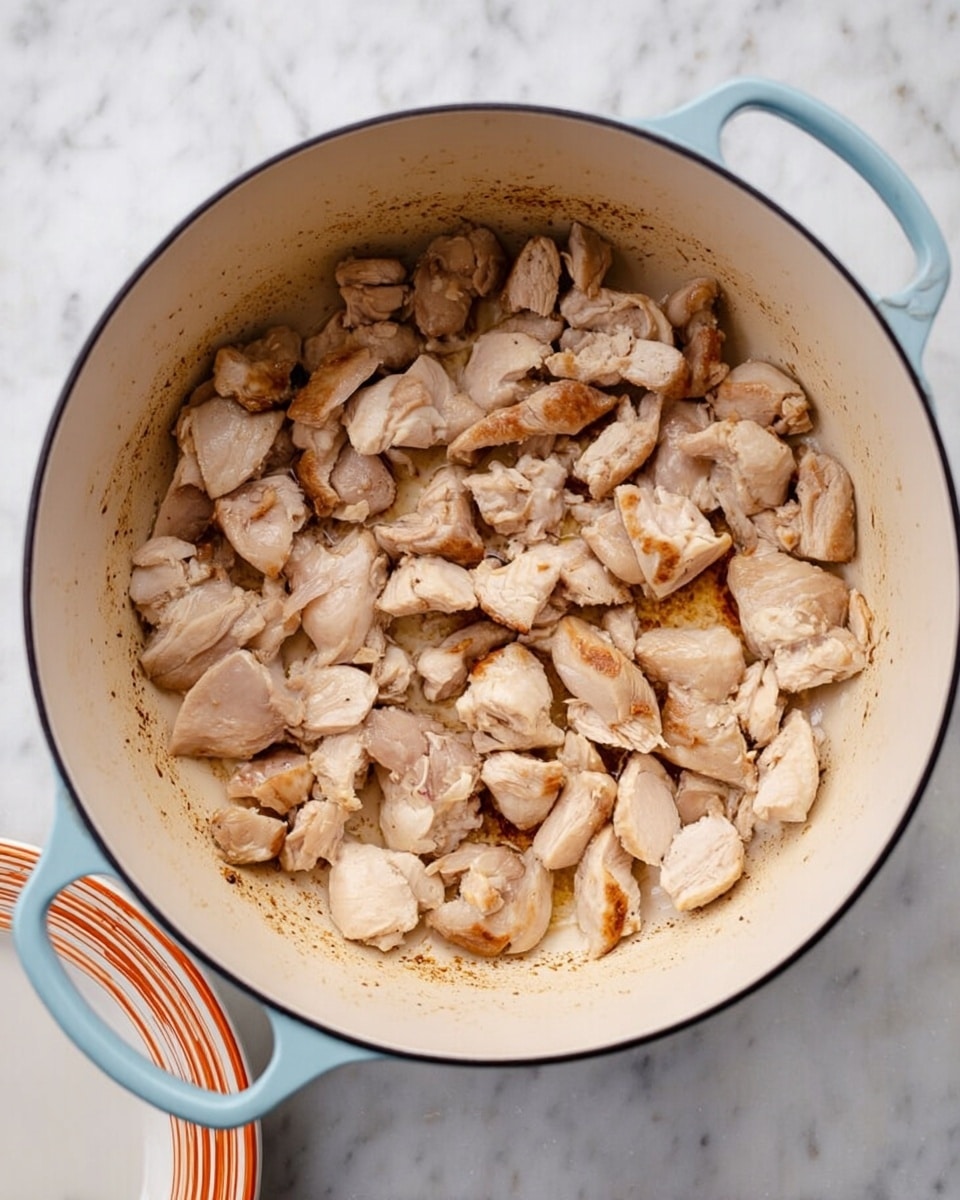 A large white pot with light blue handles is filled with many pieces of cooked chicken, scattered evenly. The chicken pieces vary in size and shape, showing a pale, light brown color with some parts slightly browned. The inner surface of the pot has a creamy beige color with cooking marks and a light layer of oil. The pot sits on a white marbled surface, and a white plate with orange stripes is partly visible in the bottom left corner. Photo taken with an iphone --ar 4:5 --v 7