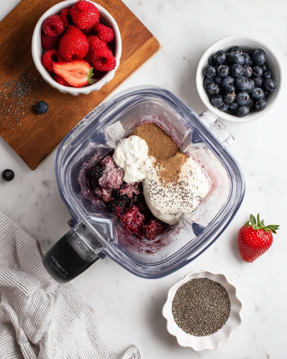 A tall clear glass is placed on a white plate with blue decorative patterns, sitting on a white marbled surface. A thick, smooth purple smoothie is being poured from a blender jar into the glass, filling it up with soft folds and a creamy texture. In the blurred background, there are bowls filled with fresh strawberries and blueberries, along with a small bowl of white cottage cheese or cream, adding a colorful and fresh feel. The soft light casts gentle shadows, highlighting the rich color and thickness of the smoothie. Photo taken with an iphone --ar 4:5 --v 7