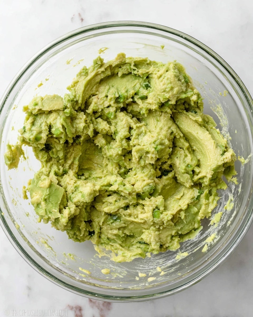 A clear glass bowl filled with mashed avocado showing a rough, uneven texture, mostly light green with some darker green patches, spread out unevenly inside the bowl. The bowl is placed on a white marbled surface with some avocado smudges on the edges of the bowl. The mash appears chunky and creamy in parts without any other visible ingredients mixed in. photo taken with an iphone --ar 4:5 --v 7