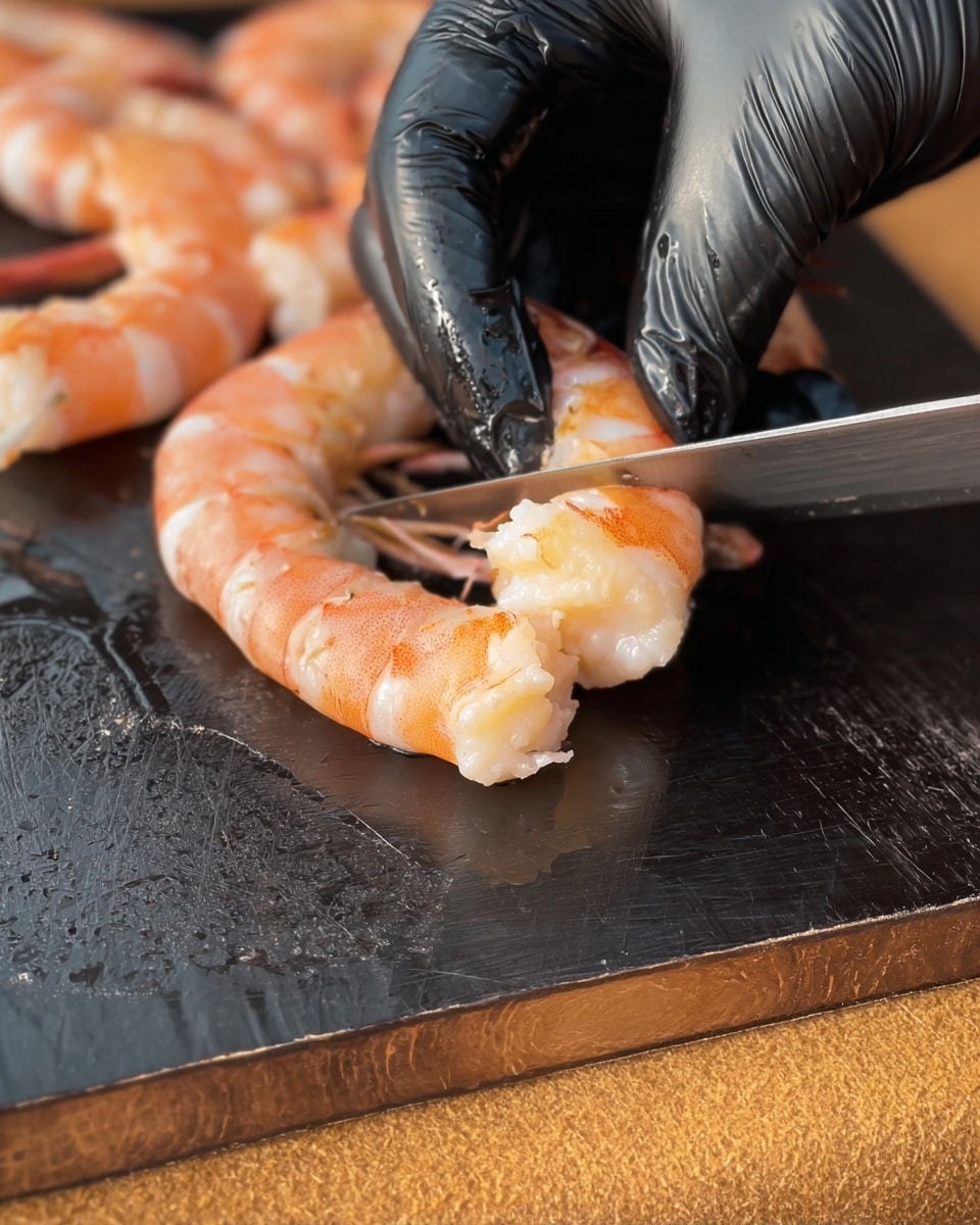 A close-up of a woman's hand wearing a shiny black glove holding a raw shrimp flat on a dark cutting board with slight scratches and water spots. The shrimp has a light pink-orange shell with white flesh underneath. A shiny silver knife is carefully slicing into the shrimp’s middle lengthwise. In the background, several more raw shrimp with the same colors lay in a row. Below the cutting board is a wooden edge, and the surface beneath shows soft brown textures. photo taken with an iphone --ar 4:5 --v 7