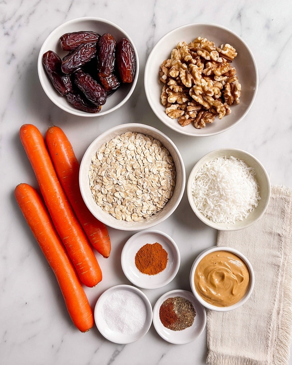 This image shows a top-down view of several white dishes and loose ingredients laid out on a white marbled surface. In the center, three whole carrots with a bright orange color lie horizontally. Surrounding them are white bowls containing various ingredients: a bowl of dark brown dates at the bottom left, a bowl of light beige rolled oats above it, a bowl filled with large walnut halves to the top right of the oats, and a creamy peanut butter in a bowl to the right of the walnuts. Below the carrots is a bowl of white shredded coconut. Three small white bowls hold ground spices with colors ranging from light brown to dark brown, and a tiny bowl of salt sits near the coconut. A frayed-edge beige cloth is placed near the right edge. All items rest on the smooth white marbled surface. photo taken with an iphone --ar 4:5 --v 7