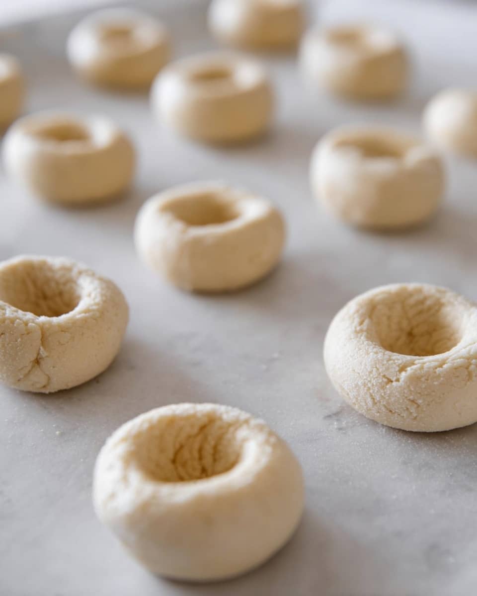 Rows of small, round, pale dough balls with a hollow center are evenly spaced on a white parchment-lined tray. Each dough ball has a smooth but slightly cracked texture, and the hollows create a shallow well in the middle of each piece. The background shows a white marbled surface softly blurred, emphasizing the raw dough shapes ready for filling or baking. Photo taken with an iphone --ar 4:5 --v 7