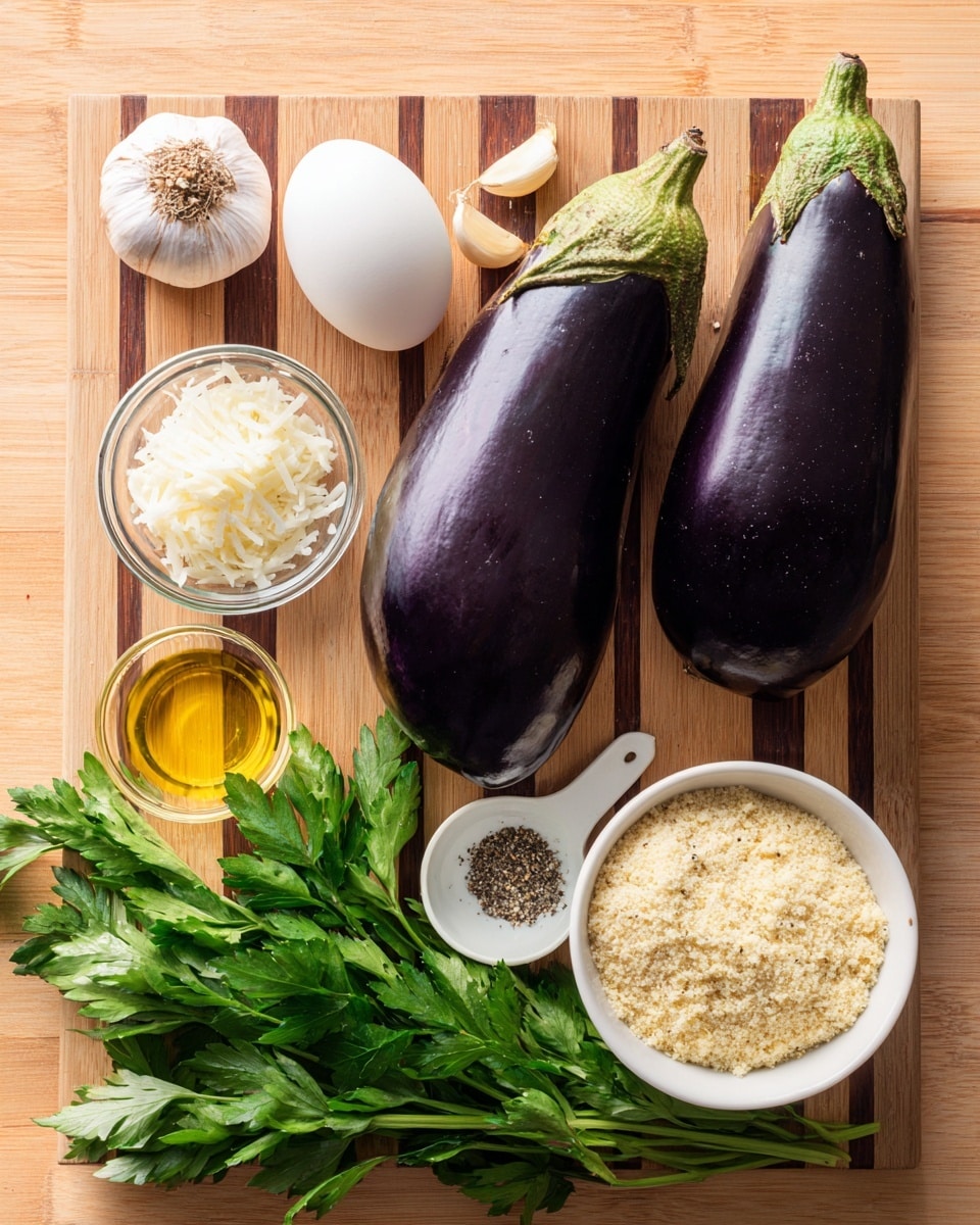 Two eggplants are placed on a wooden striped board, one light purple and one dark purple, with two garlic cloves near the top. Below are small clear glass bowls with white shredded pecorino cheese, a whole white egg, and a mix of black pepper and salt. A white measuring cup filled with pale yellow breadcrumbs and a small clear bowl of golden olive oil sit next to fresh green parsley leaves. The scene is brightly lit with natural light, and the texture of the wooden board is visible under the ingredients. photo taken with an iphone --ar 4:5 --v 7