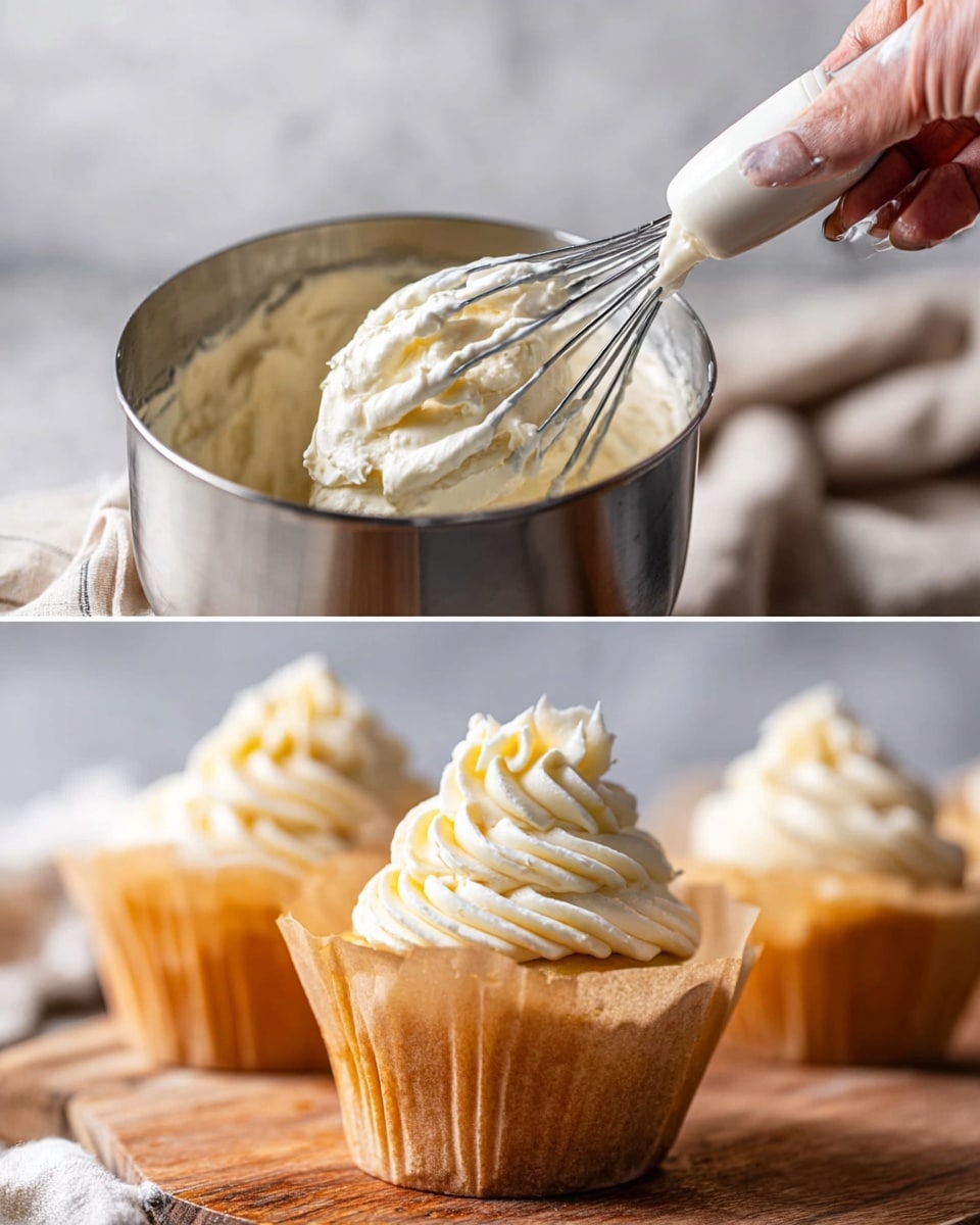 The image shows a close-up of creamy white frosting being mixed in a silver metal bowl with a whisk attachment on the left side. The frosting looks thick and smooth with soft peaks on the whisk. On the right, a woman's hand is holding a piping bag with white frosting, carefully swirling a generous layer of creamy frosting on top of a golden-brown cupcake wrapped in light brown parchment paper. There are two more cupcakes with similar frosting swirls in the blurry background, all placed on a wooden surface. The background is softly out of focus with a light gray tone. Photo taken with an iphone --ar 4:5 --v 7