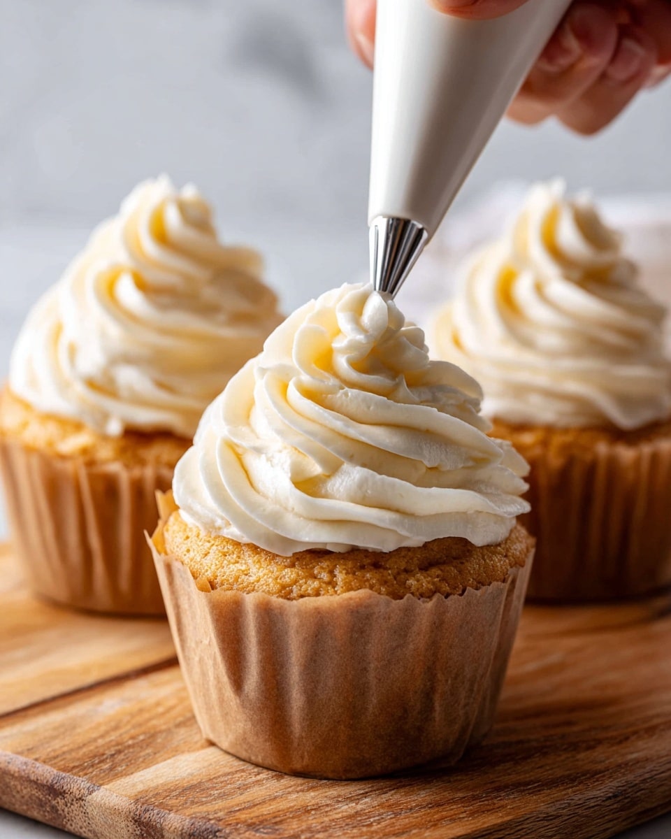 A close-up image showing three golden-brown cupcakes wrapped in light brown parchment paper, placed on a wooden board with a white marbled background. Each cupcake is topped with creamy swirls of white frosting being piped from a piping bag held by a woman's hand. The frosting creates soft, thick, curved layers that build up into a small peak at the top, with each swirl smooth and consistent in texture. The focus is on the cupcake in the front with two similar cupcakes slightly blurred behind it. photo taken with an iphone --ar 4:5 --v 7
