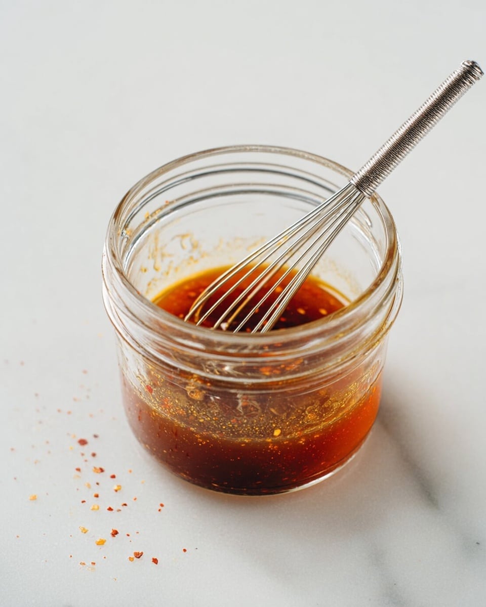 A clear glass jar filled with a dark amber liquid sauce mixed with small red spice flecks, which fills about half of the jar; inside the jar is a small silver metal whisk resting diagonally, slightly covered in the sauce. The jar sits on a white marbled surface with some small scattered red spice particles around it, giving a clean and simple look. photo taken with an iphone --ar 4:5 --v 7