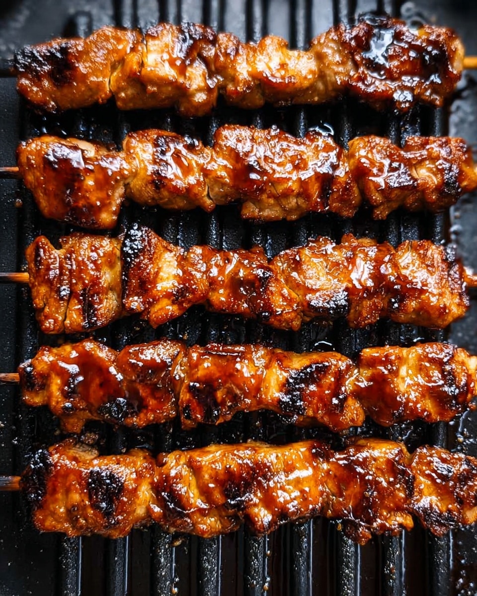 Five skewers of grilled meat are lined up horizontally on a black grill pan with ridges. The meat pieces are coated with a shiny, thick dark brown sauce that looks sticky and glistens under light. The meat has a slightly charred and caramelized look, with some darker grill marks showing. The close-up view focuses on the juicy texture of the cooked meat. This photo taken with an iphone --ar 4:5 --v 7