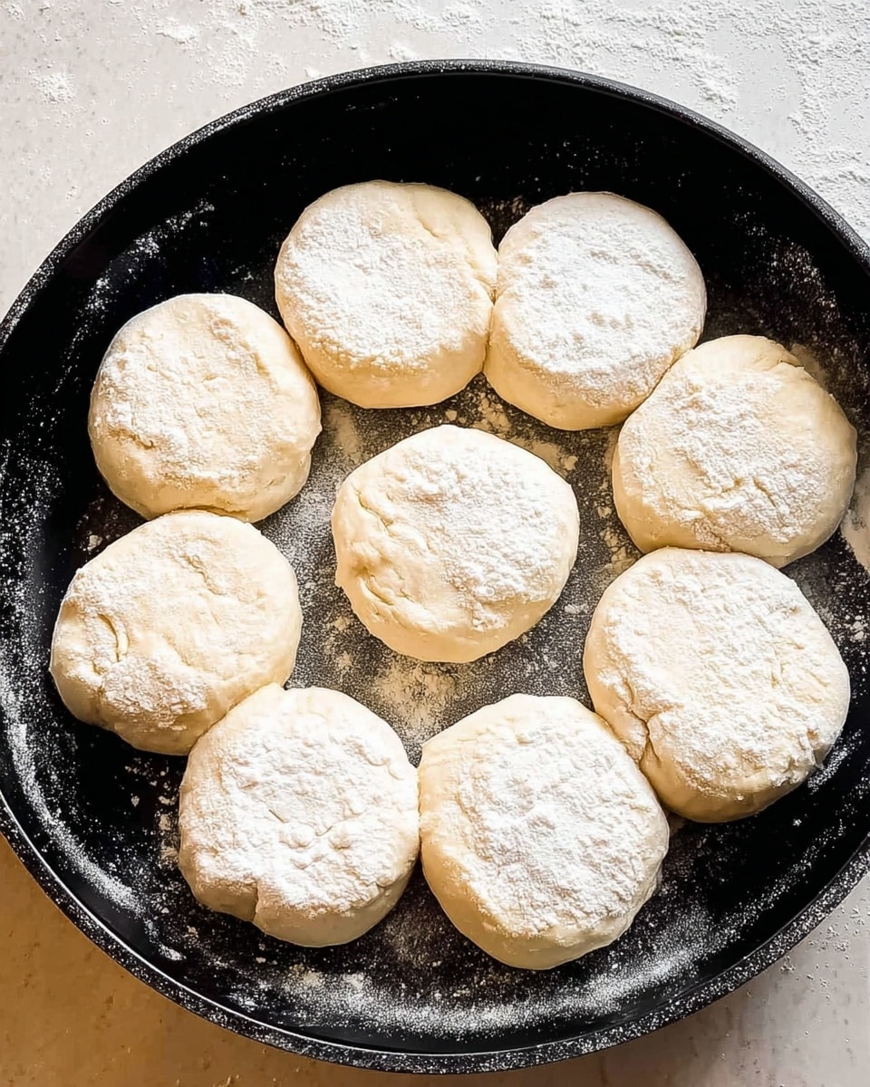 A black pan holds ten round dough pieces arranged in a circular pattern, each about the same size and dusted with white flour, giving them a rough texture. The dough pieces have a soft, pale beige color with slight cracks on top, and the pan surface underneath is dark with a shiny, slightly greasy look. The pan sits on a white marbled background that shows a little flour dust around it. Photo taken with an iphone --ar 4:5 --v 7