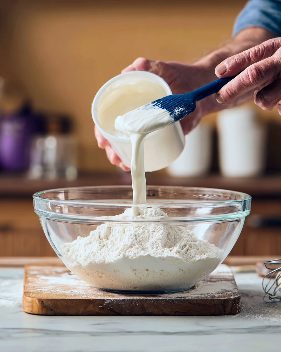 A clear glass bowl filled mostly with white flour sits on a wooden board with a white marbled surface underneath; above it, a pair of hands hold a white container filled with thick white cream or yogurt, scooping some out with a blue spatula. The cream is smooth and soft, being gently poured into the bowl with flour visible inside. The background is softly blurred, showing warm indoor tones and a hint of purple and white objects. Photo taken with an iphone --ar 4:5 --v 7