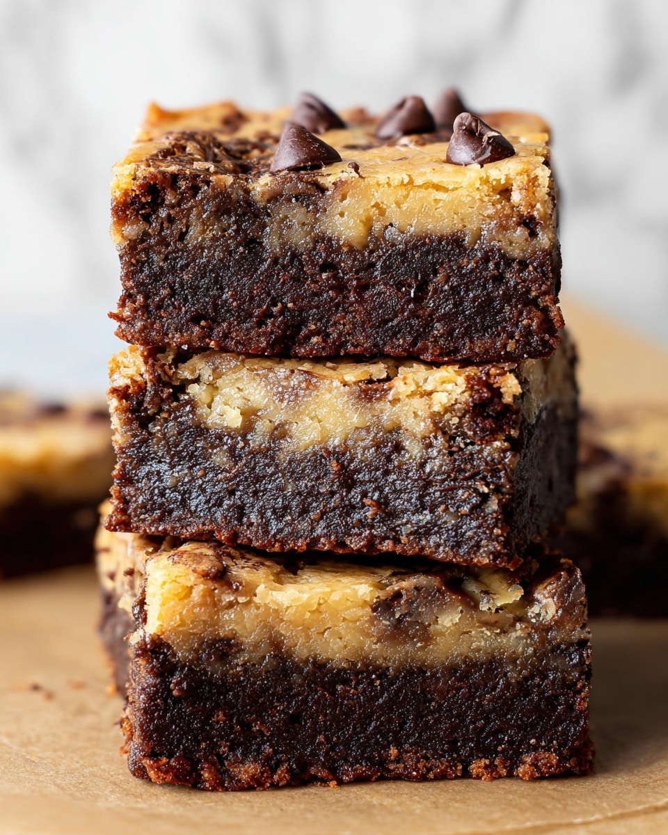 The image shows a close-up of three stacked bars with two clear layers each: the bottom layer is thick and dark brown with a moist, dense, and slightly textured look, resembling a rich chocolate brownie, while the top layer is thinner, light golden brown with a slightly crumbly and glossy texture dotted with dark chocolate chips. The bars sit on brown paper, and the background features a white marbled texture. Photo taken with an iphone --ar 4:5 --v 7