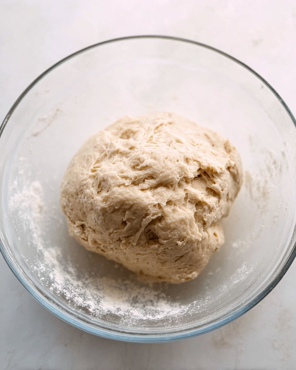 The image shows a close-up of a single dough ball sitting in a clear glass bowl. The dough ball is light beige in color with a rough and slightly sticky texture, with visible small holes and uneven surface details. The bowl is sitting on a white marbled surface, and there is some flour dusted around the dough inside the bowl. The scene is simple with soft natural lighting reflecting off the glass bowl. photo taken with an iphone --ar 4:5 --v 7