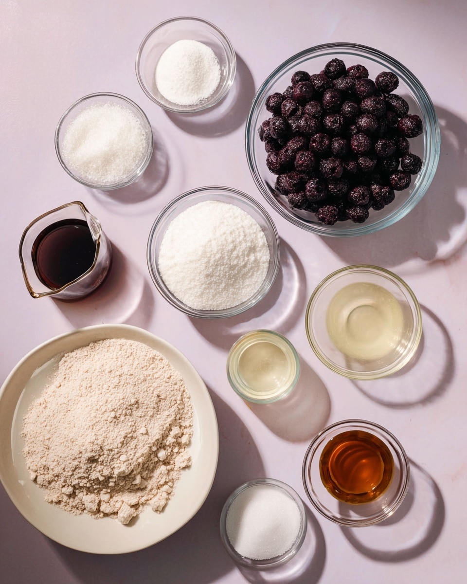 The image shows several clear glass bowls and a white-rimmed bowl placed on a flat surface with a light purple color, which should be changed to a white marbled texture for the prompt. The largest white-rimmed bowl at the bottom contains a light beige powder, likely flour. To the right of it is a large clear bowl filled with small frozen dark purple berries. Above the white-rimmed bowl, there is a medium bowl filled with white granulated sugar. To the top left of the sugar bowl is a smaller bowl holding white powder, possibly cornstarch. Next to it is another small bowl with a white powder, possibly baking powder. Above these is a dark brown liquid in a clear bowl with a spout. To its right are two clear bowls, one with a pale yellow liquid and the other with a dark amber liquid. There is also a small bowl with white granules, likely salt, near the center. The bowls are arranged in an organized manner with soft natural lighting and soft shadows. photo taken with an iphone --ar 4:5 --v 7