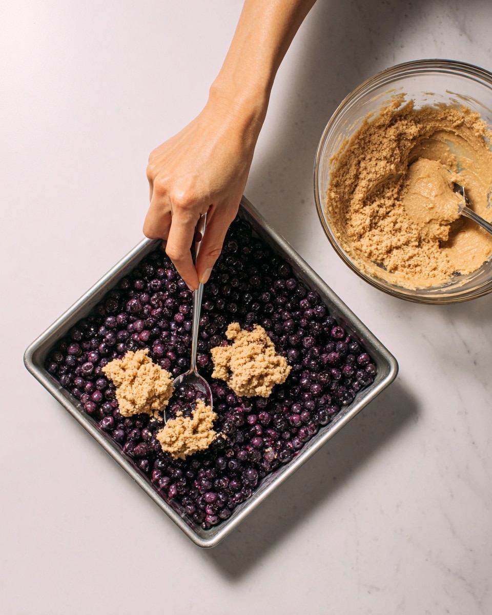 In this image, there is a square metal baking pan filled with a thick layer of dark purple blueberries that cover the entire bottom. On top of the berries, there are three uneven dollops of crumbly light brown batter being spread with a spoon by a woman's hand extending from the left side. To the right of the pan, there is a clear glass bowl holding more of the same light brown batter. The background is a smooth, white marbled surface that provides a clean, soft contrast to the darker colors of the berries and batter. Photo taken with an iphone --ar 4:5 --v 7