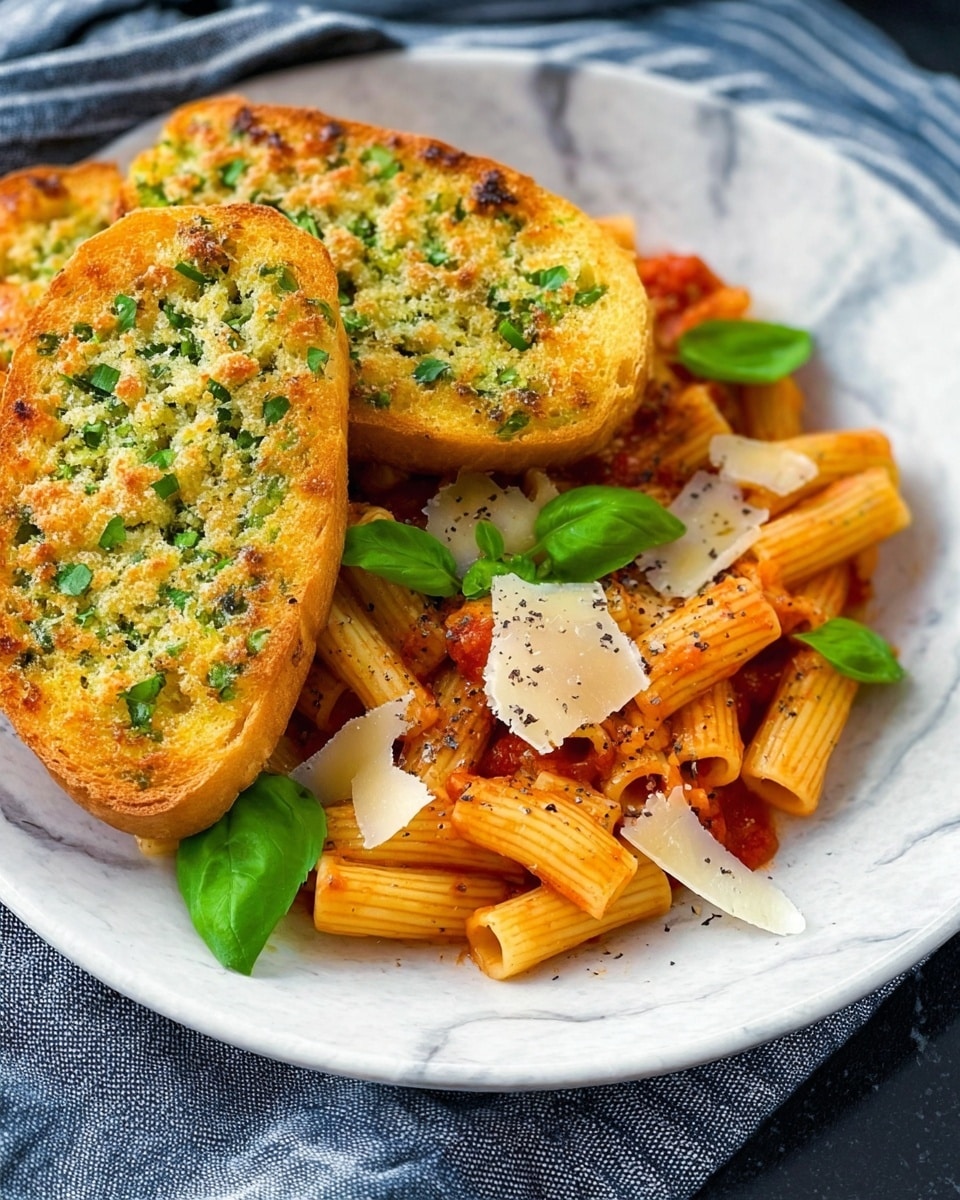 A white plate holds a serving of rigatoni pasta mixed with red tomato sauce, topped with fresh green basil leaves and thin white shavings of cheese, sprinkled with black pepper. Resting on top of the pasta are two slices of toasted bread with a golden brown crust, covered with a green herb and melted cheese mixture that looks crunchy. The plate is set on a white marbled surface with a blue and white striped cloth underneath. photo taken with an iphone --ar 4:5 --v 7