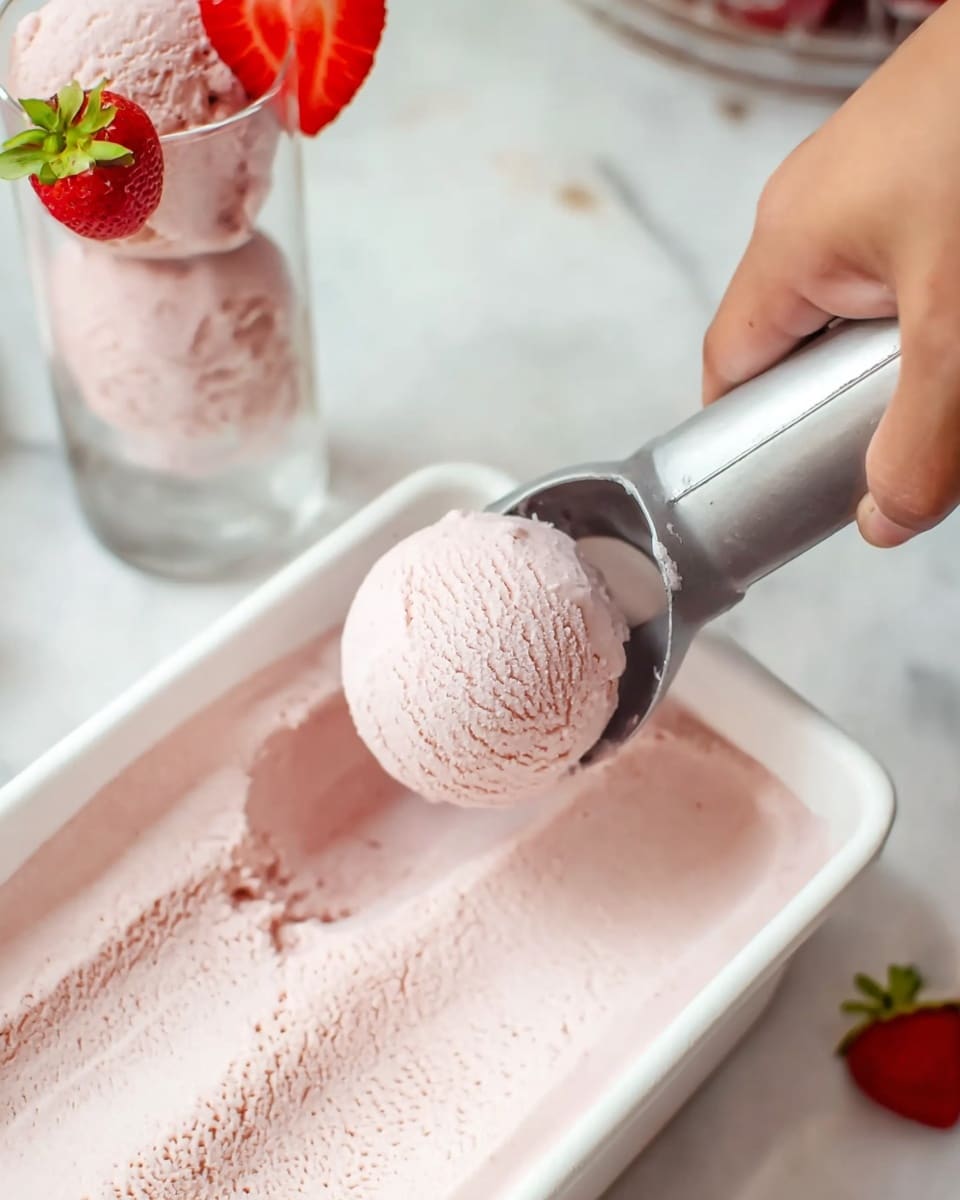 A close-up view shows a woman's hand holding a metal ice cream scoop, lifting a rounded ball of smooth light pink ice cream from a white rectangular container filled with the same pink ice cream. In the background, slightly out of focus, there is a tall clear glass holding two scoops of the pink ice cream, topped with a fresh half-cut red strawberry with green leaves, all placed on a white marbled surface. Photo taken with an iphone --ar 4:5 --v 7