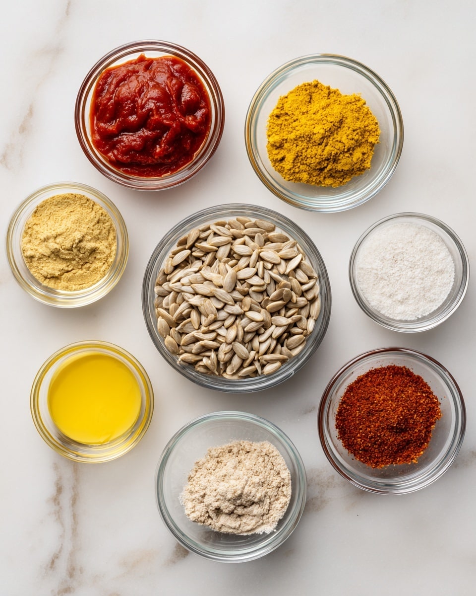The image shows eight small clear glass bowls arranged neatly on a white marbled surface. In the middle is a bowl full of raw sunflower seeds with a light brown and beige texture. Surrounding it are bowls containing various ingredients: bright red thick tomato paste at the top, vibrant yellow nutritional yeast powder to the right, pale yellow onion powder below nutritional yeast, a mix of red and orange spices in a small bowl at the bottom right, fine white salt next to the spices, white agar agar powder below the sunflower seeds, smooth yellow Dijon mustard at the bottom left, and pale yellow lemon juice at the top left. All ingredients are clearly visible with distinct colors and textures, presented in a clean and organized way. Photo taken with an iphone --ar 4:5 --v 7