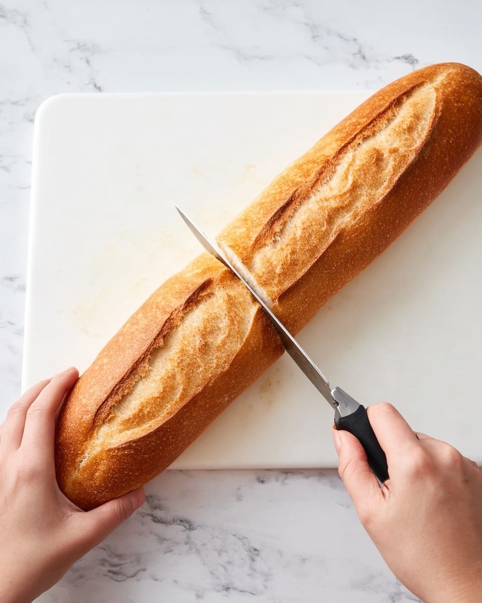 A long golden brown baguette is placed horizontally on a white cutting board over a white marbled surface. A woman's left hand holds the bread steady on the left side, while her right hand grips a knife cutting into the middle of the baguette. The bread has a smooth crust with a few crisp slashes on top, showing a slightly darker brown shade. The scene is lit evenly, highlighting the texture of the crispy bread crust and the smooth white cutting board. Photo taken with an iphone --ar 4:5 --v 7