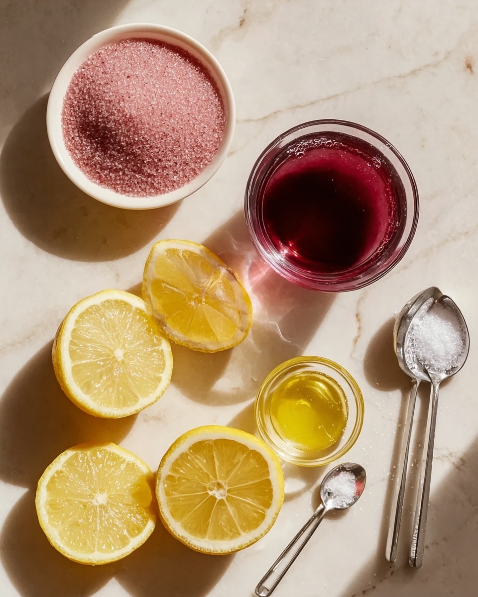 The image shows a white bowl filled with pink sugar, next to a clear glass cup holding dark red liquid. Four lemon halves with bright yellow peel and pale yellow inside are placed beside the cup. A small clear glass bowl with golden yellow honey is near two metal measuring spoons, one with white salt and the other empty. All items are arranged on a white marbled surface with soft natural light and shadows. photo taken with an iphone --ar 4:5 --v 7