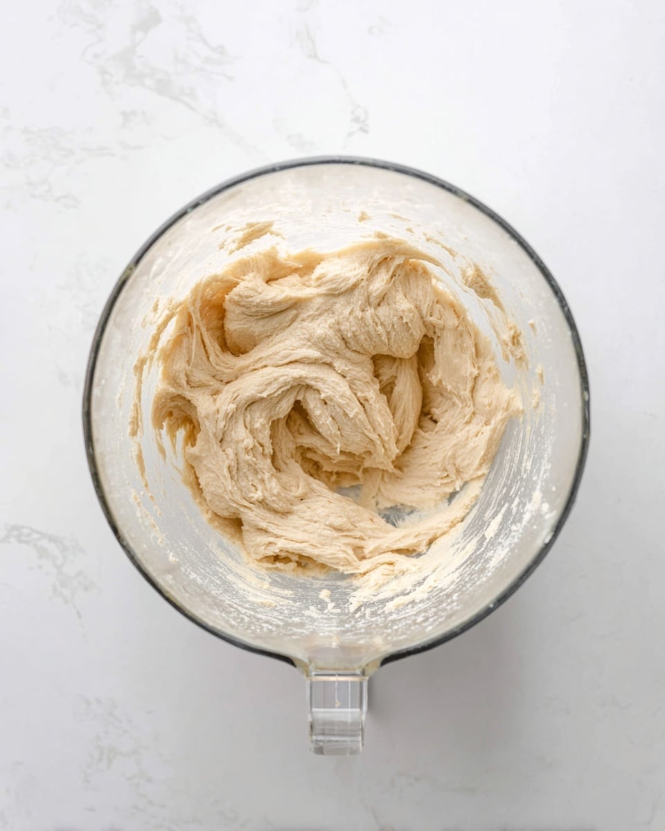 A clear glass mixing bowl sits on a white marbled surface, filled with a single layer of light beige dough with a soft, slightly sticky texture. The dough is thick and unevenly swirled inside the bowl, showing some folds and air pockets. The background is simple and clean, focusing attention on the dough and the bowl's transparent sides and handle. photo taken with an iphone --ar 4:5 --v 7