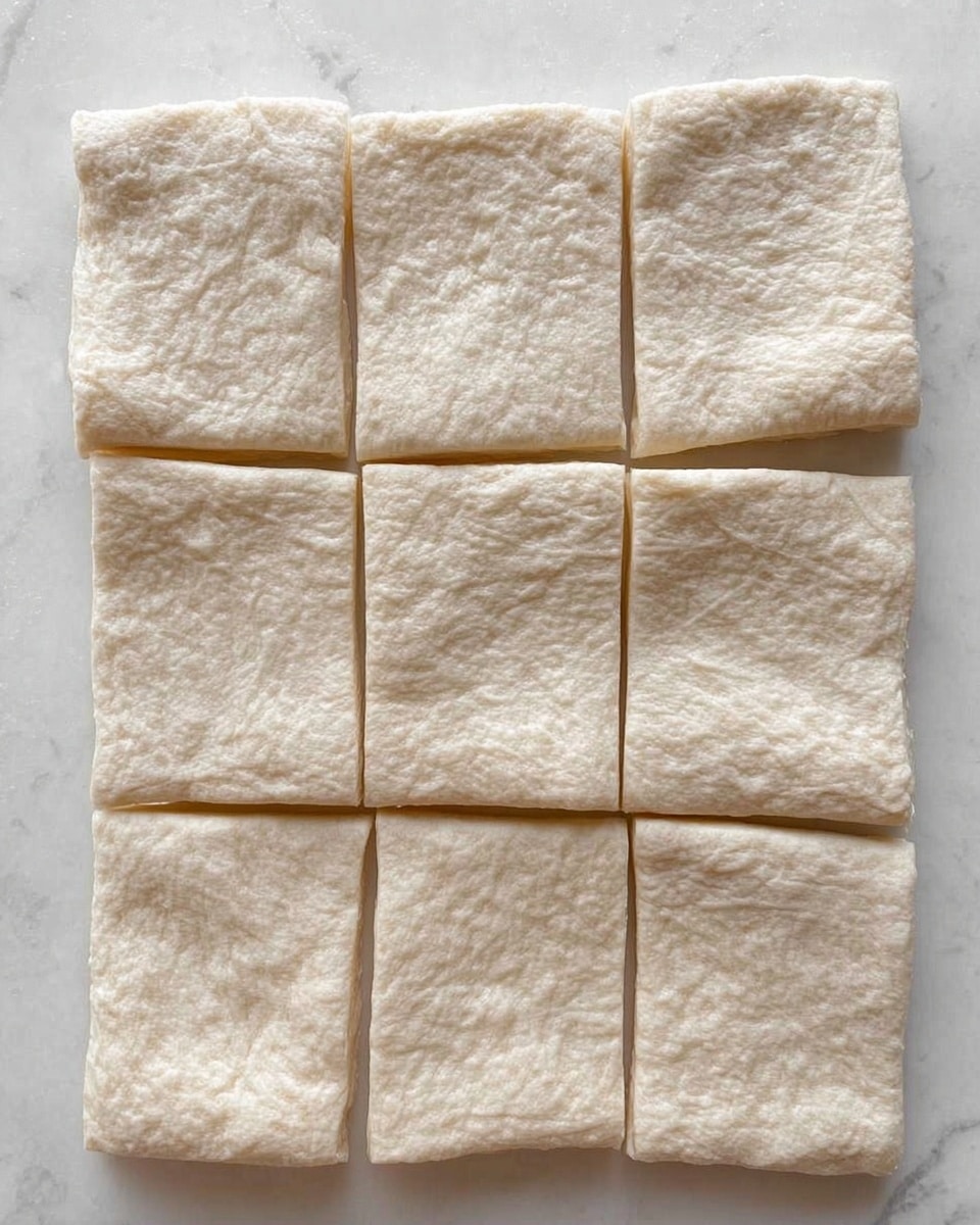 The image shows nine rectangular pieces of dough arranged in a 3 by 3 grid on a white marbled surface. Each piece has a pale beige color with a slightly rough and airy texture, showing small bubbles across the surface. The dough pieces are evenly spaced with clear edges, and they appear soft and thin, with some minor wrinkles and creases visible on the surface. Photo taken with an iphone --ar 4:5 --v 7