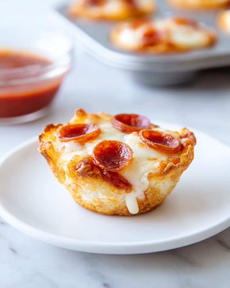 The image shows a small pizza cup on a white plate with two main layers. The bottom layer is a golden-brown baked dough shaped like a cup with slightly crispy edges. The top layer is melted cheese that covers the pizza sauce and has small round pepperoni pieces scattered on top. In the background, a glass bowl filled with red pizza sauce is blurred, as well as more pizza cups on a baking tray. The scene is set on a white marbled surface. photo taken with an iphone --ar 4:5 --v 7