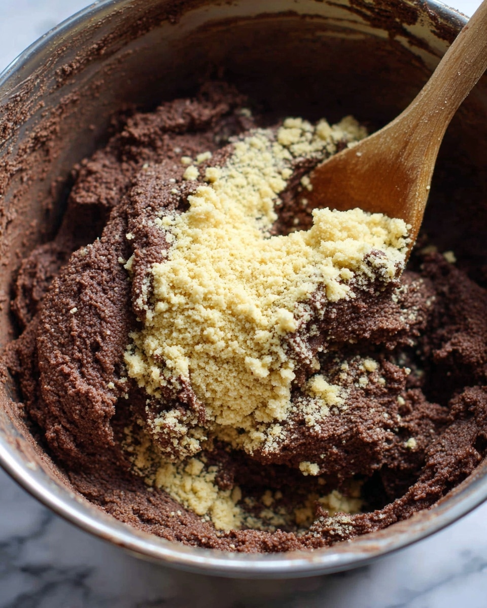 This image shows a close-up of a mixing bowl filled with thick, dark brown dough. On top of the dough, there is a layer of small, light yellow crumbs scattered unevenly. A wooden spoon is partially inserted into the dough, lifting some of it along with the crumbs. The texture of the dough looks dense and slightly rough, while the crumbs appear fine and crumbly. The bowl has a metallic surface, with some remnants of dough stuck around its inner sides. The scene suggests the process of mixing ingredients together. The background is a white marbled texture. photo taken with an iphone --ar 4:5 --v 7