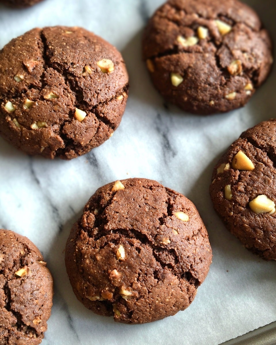 The image shows several round chocolate cookies with small pieces of nuts throughout. Each cookie is a single layer, with a cracked surface revealing a soft inside. The cookies have a dark brown color mixed with lighter tan nut pieces. They are placed close together on parchment paper, which is on a baking tray, all set on a white marbled surface. photo taken with an iphone --ar 4:5 --v 7