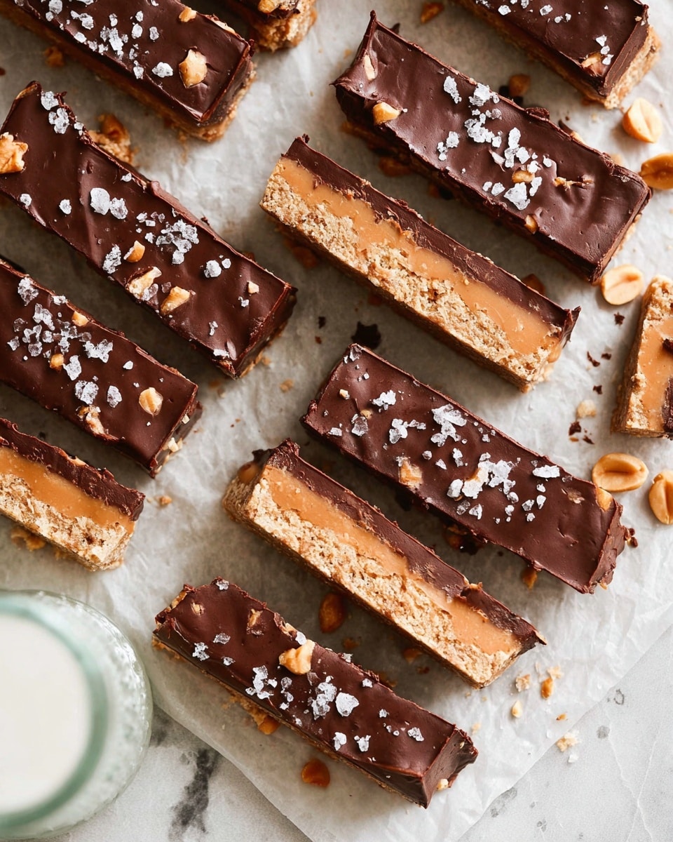 The image shows several rectangular chocolate bars arranged in two staggered rows on a sheet of parchment paper over a white marbled surface. Each bar has three visible layers: the bottom layer is a light brown crispy base, the middle layer is a creamy caramel tone with peanut pieces, and the top layer is a dark, glossy chocolate coating sprinkled with flaky salt crystals. Around the bars, a few peanuts are scattered casually. In the bottom left corner, part of a glass bottle with a white liquid is slightly visible. The photo taken with an iphone --ar 4:5 --v 7