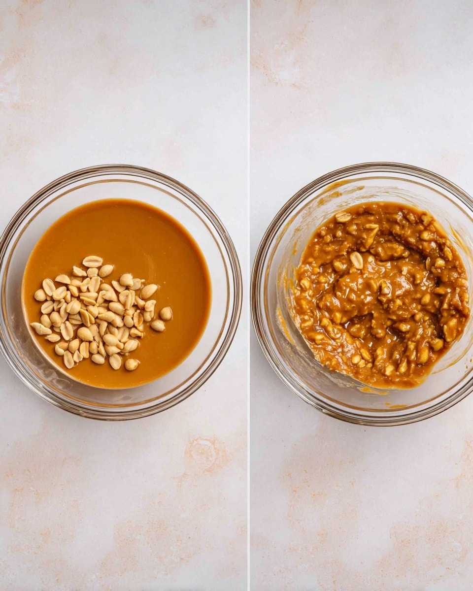 The image shows two clear glass bowls on a white marbled surface. The left bowl contains two layers: a smooth, thick caramel-colored sauce at the bottom and a pile of light brown roasted whole peanuts on top. The right bowl shows the same caramel sauce mixed with the peanuts, creating a textured mixture where the peanuts are coated and spread evenly throughout the sauce, giving it a chunky, rich appearance. Photo taken with an iphone --ar 4:5 --v 7