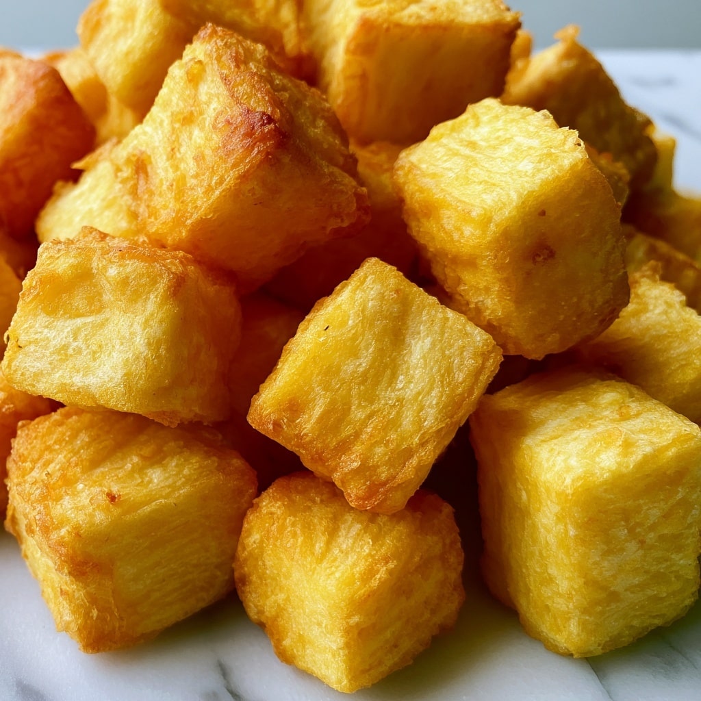 This image shows many small yellow pieces of fried cassava with a rough texture, piled closely together. The cassava pieces have a slightly crispy outside and a soft inside, each piece roughly cube-shaped with natural uneven edges. They are resting on a white marbled surface, filling most of the frame. The colors are warm and golden, showing an inviting and crispy texture. photo taken with an iphone --ar 4:5 --v 7