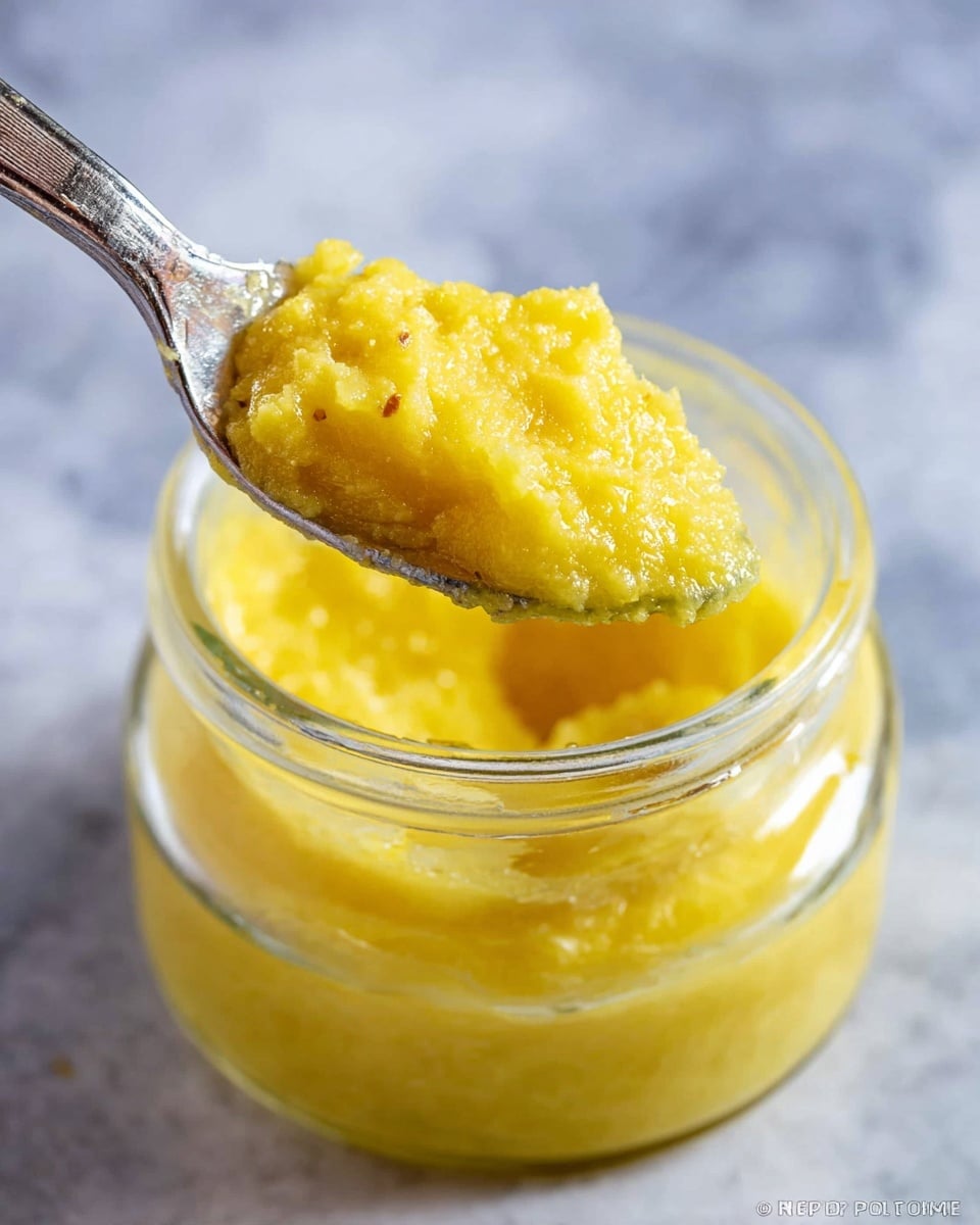 A close-up view of a glass jar filled with a thick, yellow spread with a slightly chunky texture, shown on a white marbled surface. A silver butter knife holds a spoonful of the bright yellow spread above the jar, showcasing its dense and shiny consistency with small bits visible inside. The background is softly blurred to keep focus on the jar and the knife. photo taken with an iphone --ar 4:5 --v 7