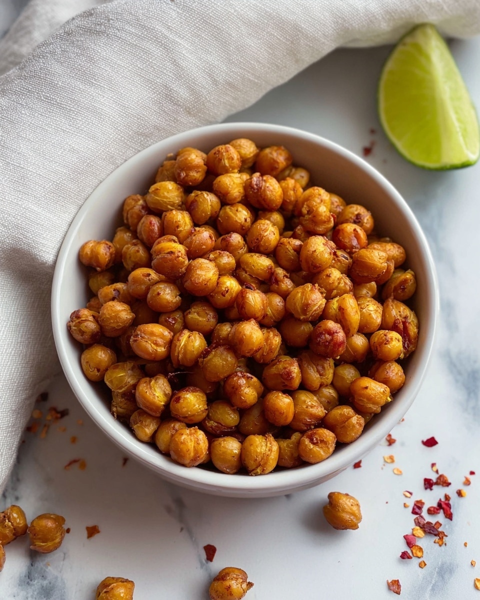 A white bowl is filled with golden brown roasted chickpeas that are slightly shiny and crisp. The chickpeas are round, packed tightly, and piled high above the rim of the bowl. Around the bowl, a few chickpeas are scattered on a white marbled surface. To the right, part of a sliced lime with a green, textured inside is visible. Small red chili flakes are sprinkled near the bottom right corner. A soft white cloth is draped behind the bowl, creating a cozy contrast. Photo taken with an iphone --ar 4:5 --v 7