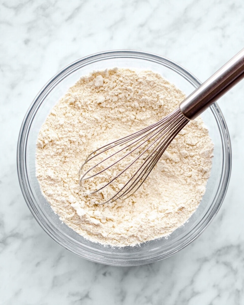 A clear glass bowl filled with a light beige powdery mixture, likely flour and other dry ingredients, with a shiny silver whisk resting inside it slightly lifted above the mixture. The bowl is placed on a white marbled surface, and the texture of the powder is fine and crumbly with small lumps. The overall setting is clean and bright, with the whisk positioned diagonally from the right side. photo taken with an iphone --ar 4:5 --v 7