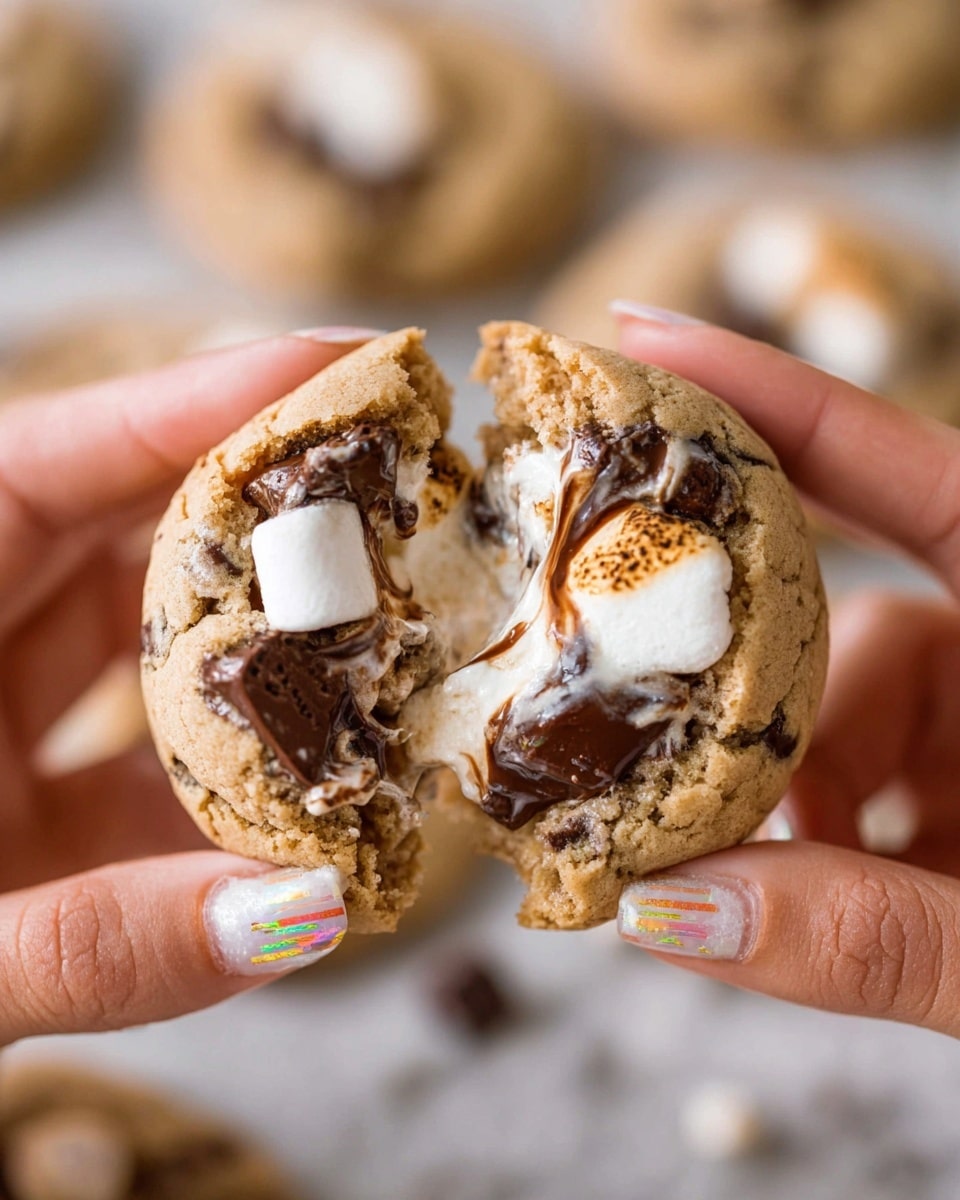 A close-up of a light brown cookie being pulled apart by two woman's hands with nails painted in a creamy color with rainbow stripes. The cookie has a soft, crumbly texture and is filled with melting dark chocolate chunks and a gooey white marshmallow that stretches between the two halves. In the blurred background, there are more whole cookies on a white marbled surface. Photo taken with an iphone --ar 4:5 --v 7