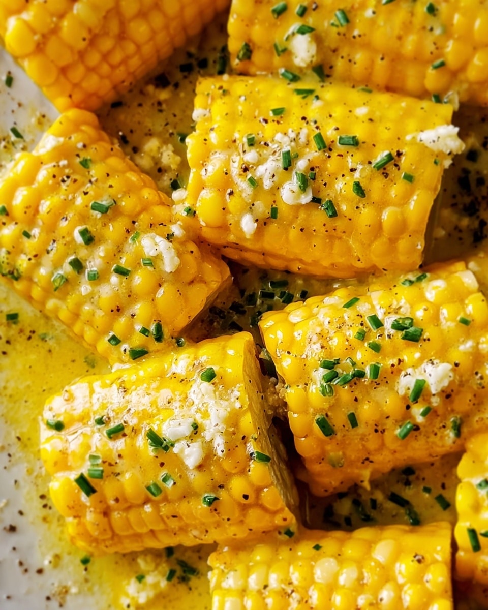 The image shows several pieces of yellow corn on the cob, cut into smaller sections and arranged closely together, covered in a rich, melting yellow butter sauce. Small green chives are sprinkled evenly over the corn, adding color contrast. There are also small bits of white cheese crumbled on and around the corn. The surface is slightly shiny from the butter, and bits of black pepper are visible, adding texture. The background is a white marbled texture. photo taken with an iphone --ar 4:5 --v 7