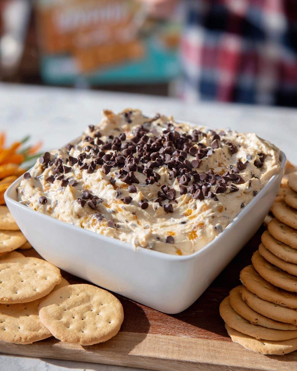 A white square bowl filled with a creamy, thick dip made of a light beige base mixed with small orange and dark brown bits, topped with a generous layer of dark brown chocolate chips scattered over the surface. The dip has a slightly textured, chunky appearance with some swirls visible. Surrounding the bowl, on a wooden surface, are several stacks of light brown crackers, some showing rough edges. The overall scene is set on a white marbled surface with a blurred background showing a person in a plaid shirt holding an object. photo taken with an iphone --ar 4:5 --v 7