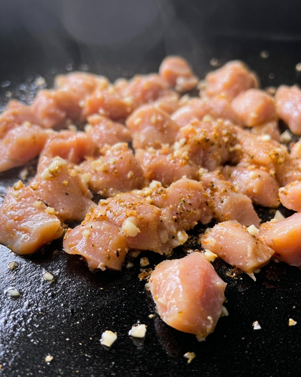 This image shows many small pieces of pale pink raw chicken mixed with small white garlic bits and light brown seasoning, all spread across a shiny black cooking surface with a slight steam rising from it. The chicken pieces have some shiny and soft textures, with a few small charred spots starting to show as they cook. The black cooking surface creates a glossy background that contrasts with the light colors of the chicken and garlic. photo taken with an iphone --ar 4:5 --v 7