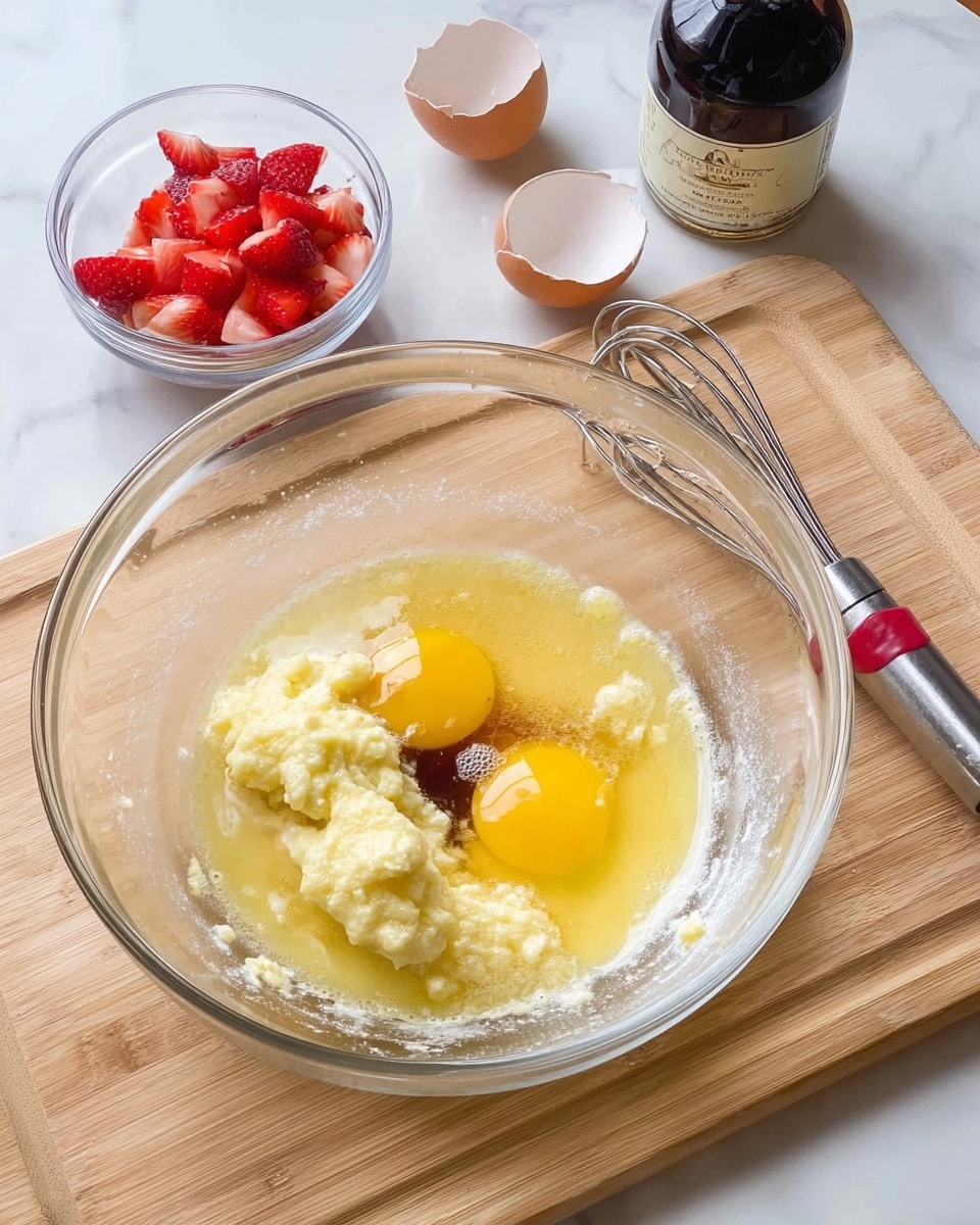 A large clear glass bowl sits in the center with two bright yellow egg yolks and a light yellow mashed banana mix, along with melted butter pooling around and a small splash of dark vanilla extract on top. To the back left, a smaller clear bowl holds chopped red strawberries, showing their juicy, wet texture. Behind that is an eggshell broken into two large pieces, cream-like in color. A bottle of dark vanilla extract with a white label is on the top right, next to a whisk with a metallic handle and red grip partially inside the main bowl. The whole setup is on a light wooden cutting board, resting on a white marbled surface. Photo taken with an iphone --ar 4:5 --v 7