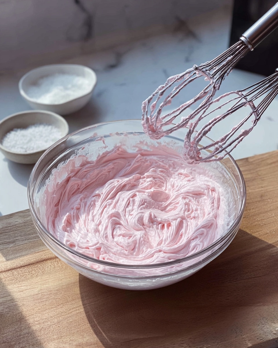 A clear glass bowl filled with light pink whipped cream showing soft swirls and air pockets, placed on a wooden surface; two metal beaters coated with the same pink mixture are held above the bowl; the background is a white marbled texture with soft daylight casting rectangular shadows; a small white bowl of coarse white salt and a black container are partially visible nearby photo taken with an iphone --ar 4:5 --v 7
