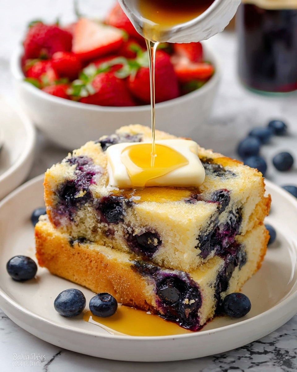 Two thick slices of golden blueberry cake stacked on a white plate, with visible whole blueberries baked inside and on top. The top layer has a soft, creamy pat of melting butter, and golden syrup is being poured over it, dripping down the sides and pooling on the plate. In the blurred background, a white bowl filled with whole red strawberries, some cut in half showing bright red inside, sits on a white marbled surface. The scene is bright, close-up, and detailed, photo taken with an iphone --ar 4:5 --v 7