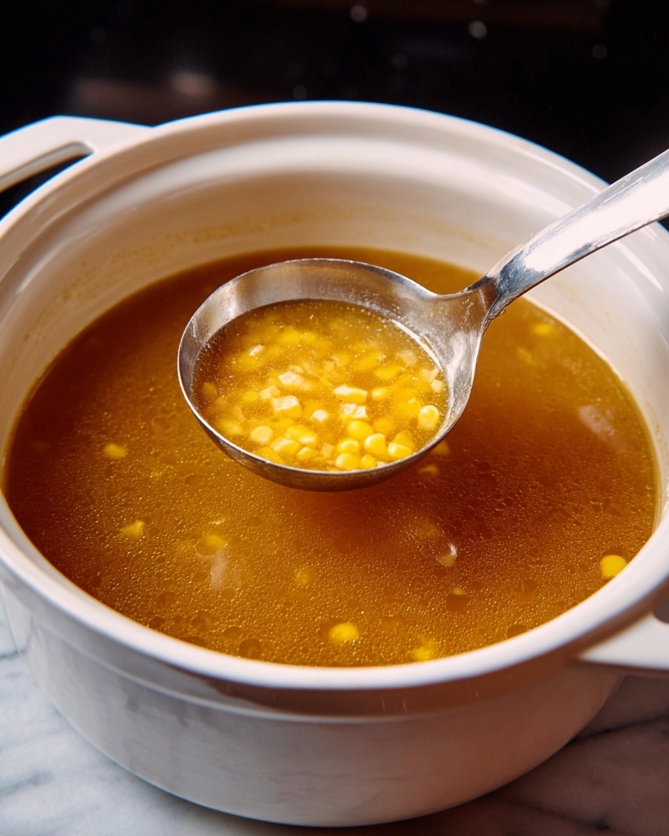 A white ceramic pot filled with golden brown broth containing small pieces of yellow corn floating on the surface. A shiny metal ladle is scooping the broth and corn from the pot, angled slightly towards the camera to show the soup inside the ladle. The pot sits on a white marbled surface, with a dark background blurred out around the edges. The broth looks clear and smooth, with light reflections highlighting its warm color. photo taken with an iphone --ar 4:5 --v 7