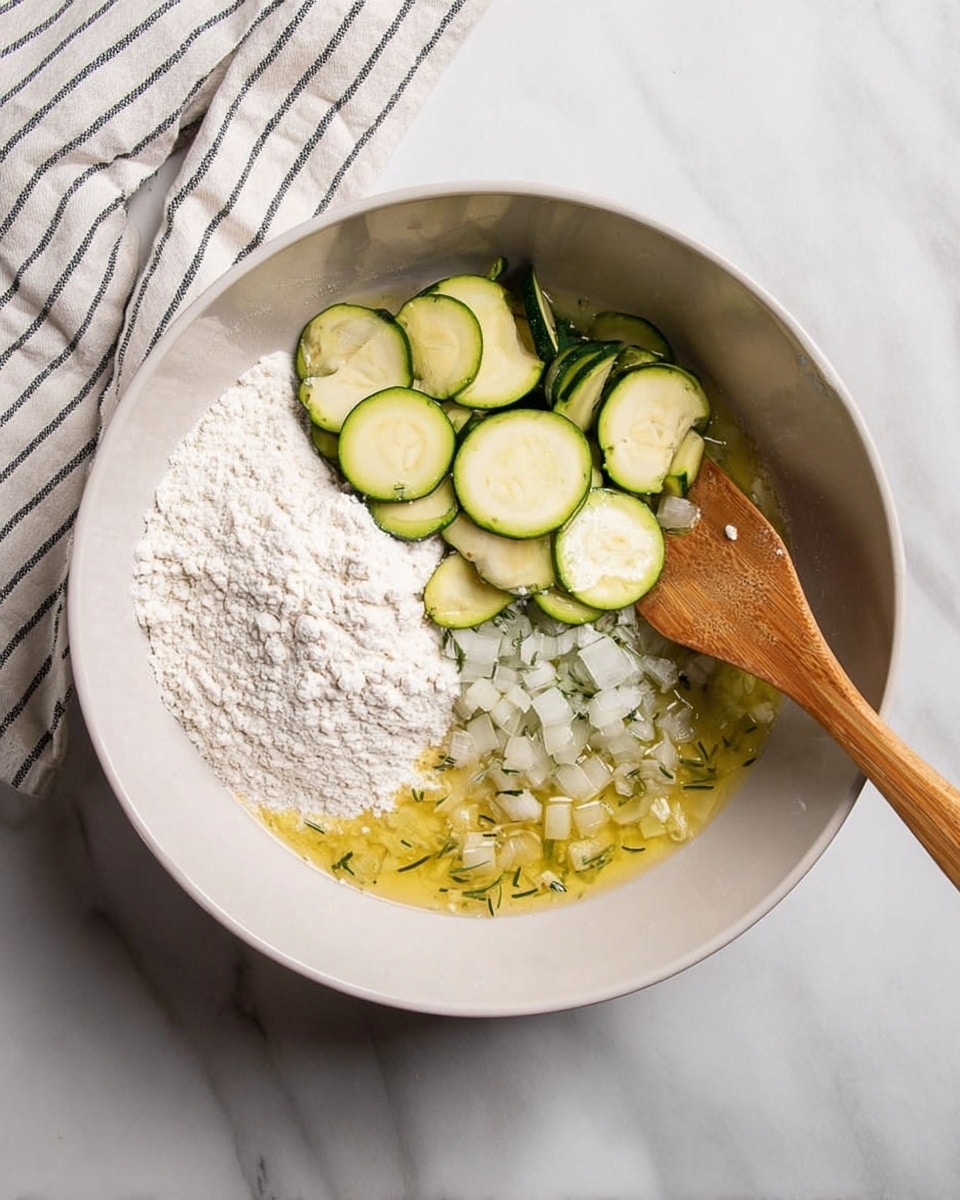 A white bowl contains four main layers of ingredients placed side by side: white flour with a powdery texture, small chopped white onions, light green circular zucchini slices with a smooth texture, and a yellowish liquid mixture with green herbs. There is a wooden spatula with a light brown handle resting inside the bowl on the yellow liquid side. The bowl sits on a white marbled surface with a striped cloth partially visible in the top left corner. Photo taken with an iphone --ar 4:5 --v 7