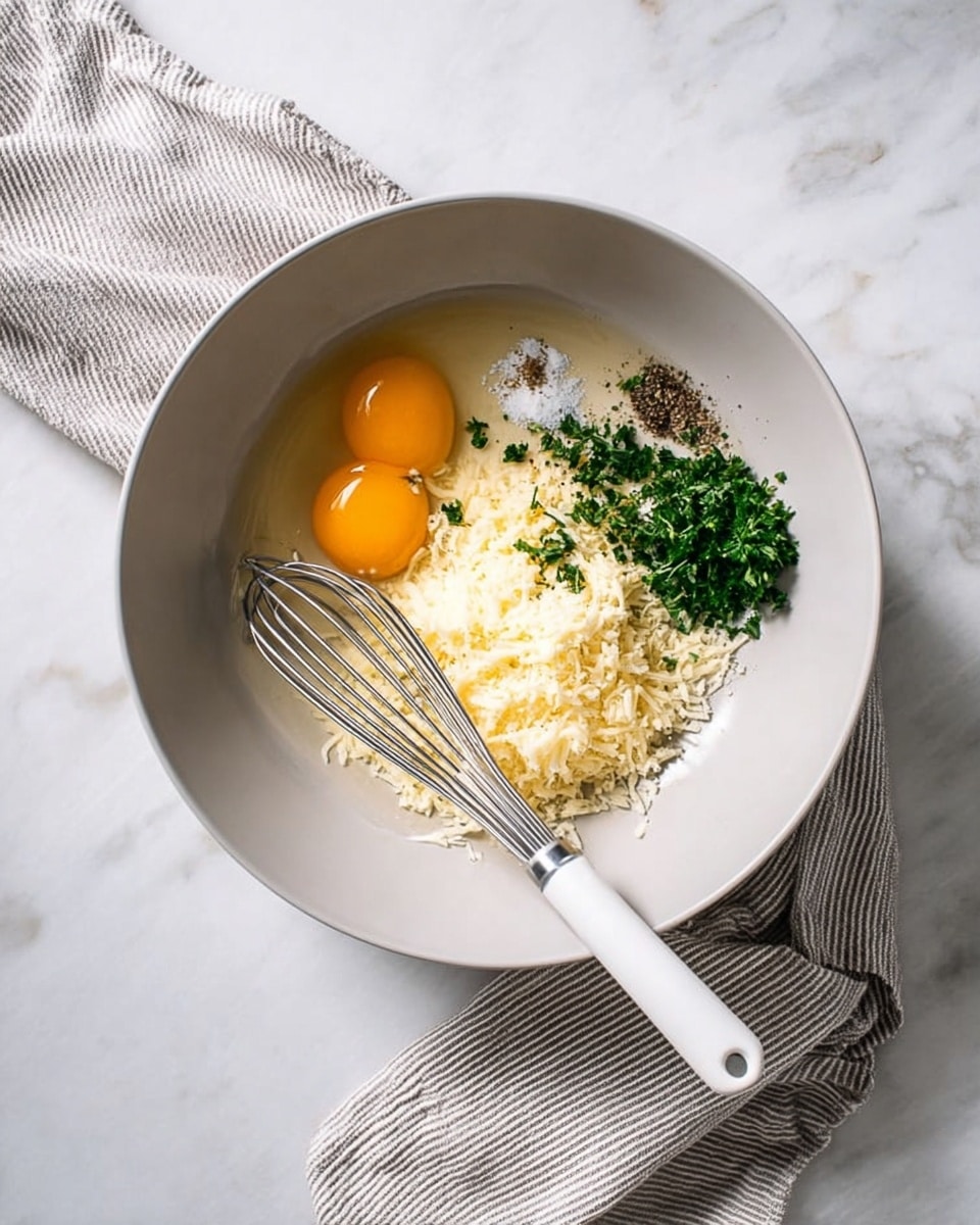 A large white bowl sits on a white marbled surface filled with three raw eggs with orange yolks, a heap of grated cheese that is pale yellow, some chopped fresh green herbs, a small pile of black pepper, minced garlic, and salt. A white-handled metal whisk rests inside the bowl on top of the ingredients. A light gray and white striped cloth is casually draped to the side. photo taken with an iphone --ar 4:5 --v 7