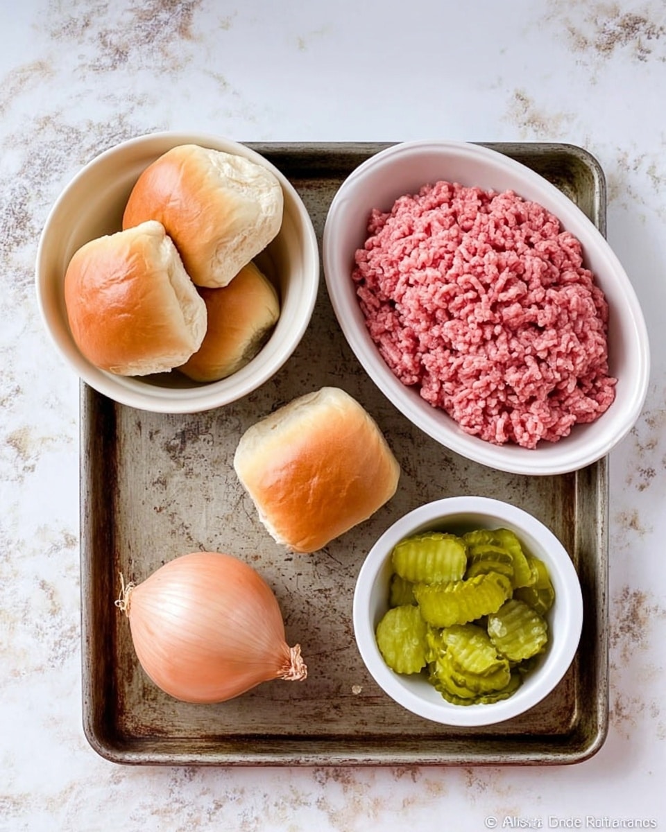 The image shows a metal tray on a white marbled surface. On the tray, there is a white bowl on the left with four small soft bread rolls that are light brown on top and soft white on the sides. Near the bowl is a whole onion with a light brown skin and slightly rough texture. On the right side of the tray is an oval white bowl filled with fresh pink ground meat that has a fine, textured pattern. In front of the meat bowl is a small white round bowl filled with green pickle slices that have a crinkly texture. The photo is taken with an iphone --ar 4:5 --v 7