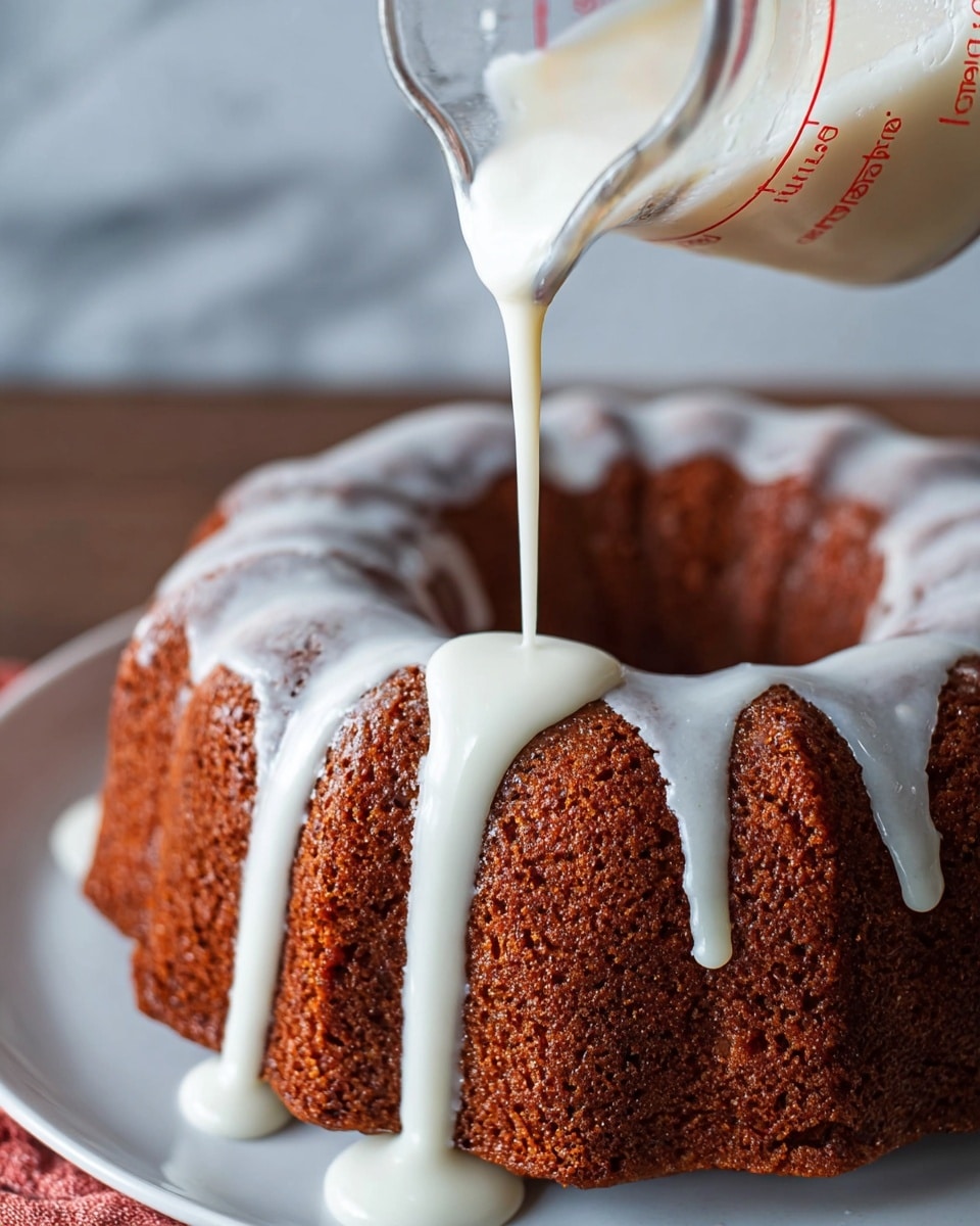 The image shows a deep brown bundt cake with a rough texture on a white plate. A glass measuring cup is pouring a smooth, shiny white glaze over the top edge of the cake, the glaze flows down the curves in thick streams. The background has a white marbled texture with a soft focus, drawing attention to the rich cake and creamy glaze. Photo taken with an iphone --ar 4:5 --v 7