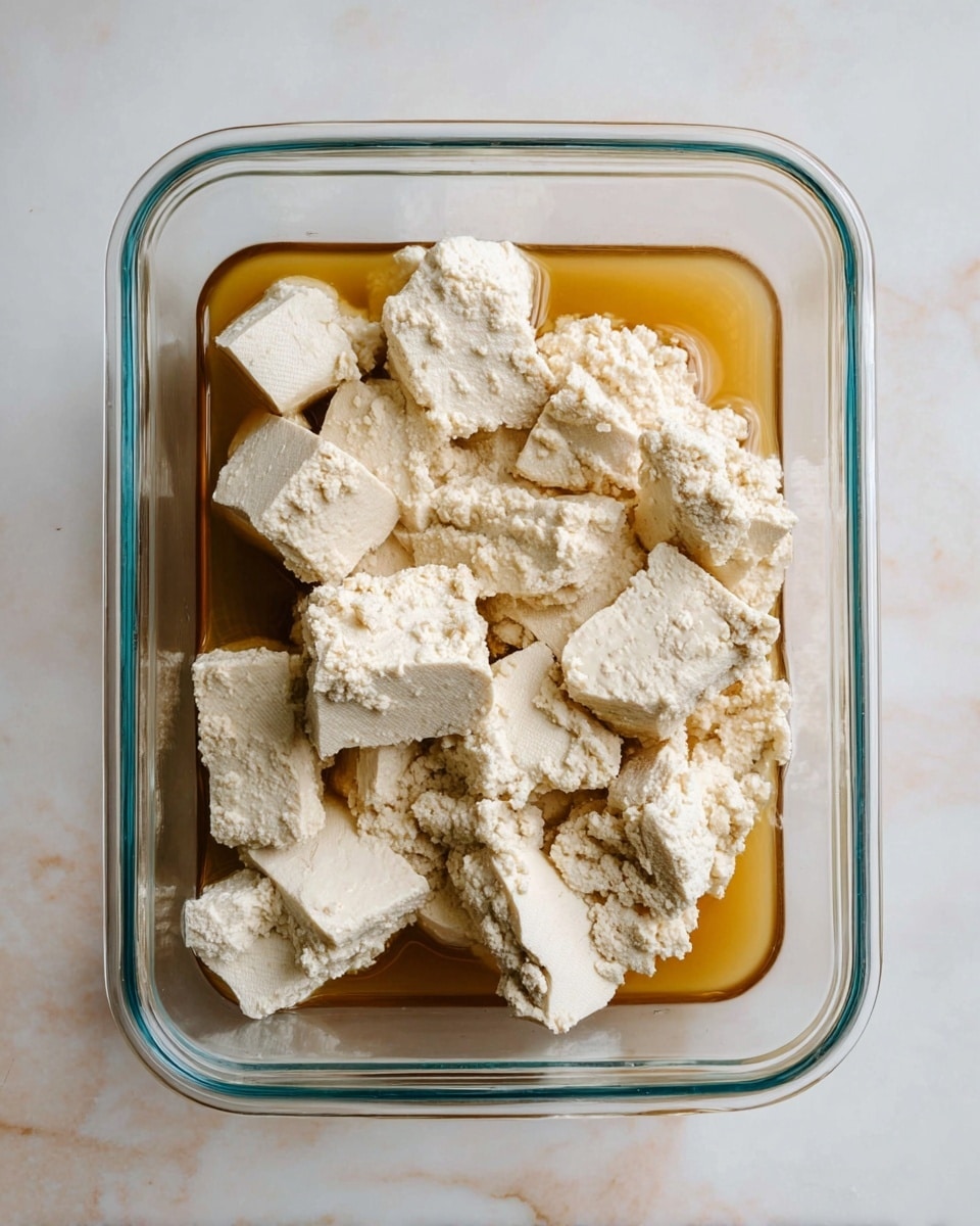 A clear rectangular glass container sits on a white marbled surface, filled with blocks of soft, crumbly tofu in an uneven pattern. The tofu pieces are off-white with a rough, grainy texture, some showing smooth edges while others are more broken up. The tofu is partially soaked in a golden-brown liquid that fills the bottom of the container, creating a shiny surface around the tofu pieces. The container’s clean shape contrasts with the tofu's irregular forms and the liquid's reflective look. photo taken with an iphone --ar 4:5 --v 7