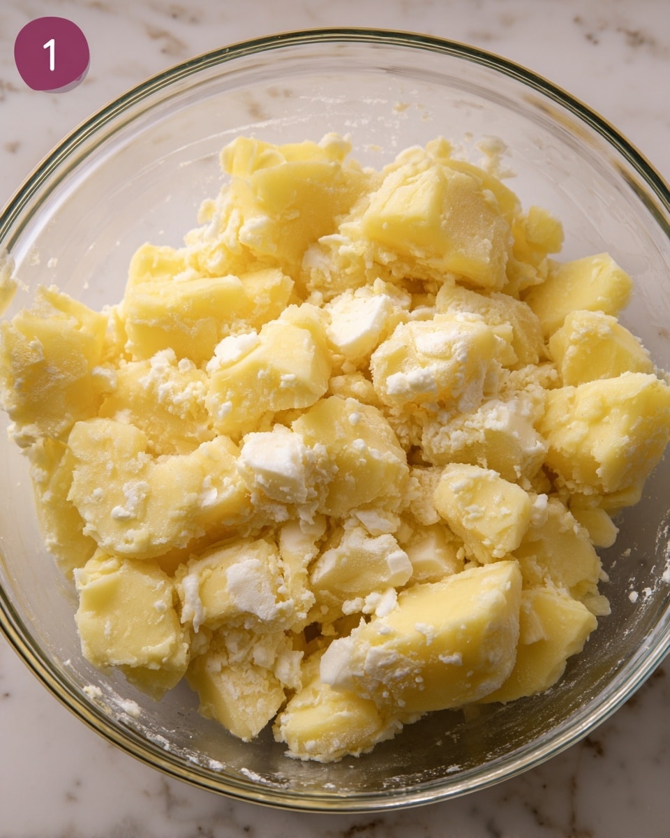 The image shows a clear glass bowl filled with uneven chunks of yellow potatoes mixed with small pieces of white solid fat, creating a rough and crumbly texture on the surface of the potatoes. The yellow potato pieces vary in size, and the white fat is scattered throughout, clinging loosely to the potato surfaces. The bowl is set on a white marbled surface, giving a clean and bright background. Photo taken with an iphone --ar 4:5 --v 7