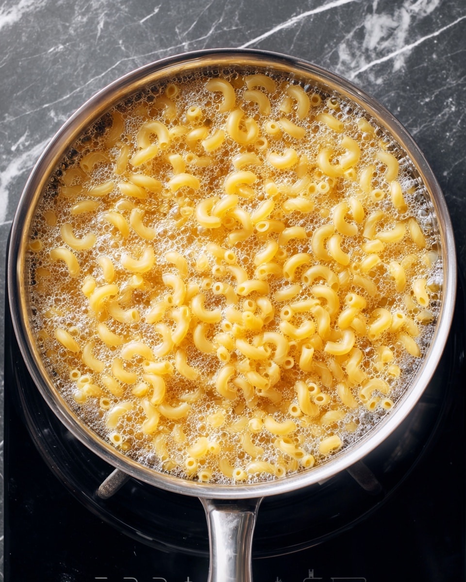 The image shows a close-up top view of a silver pan filled with water and small, yellow elbow macaroni pasta cooking inside. The pasta is spread evenly throughout the water, with some steam or bubbles indicating boiling. The pan is placed on a dark stove surface. The background around the stove is changed to a white marbled texture. photo taken with an iphone --ar 4:5 --v 7